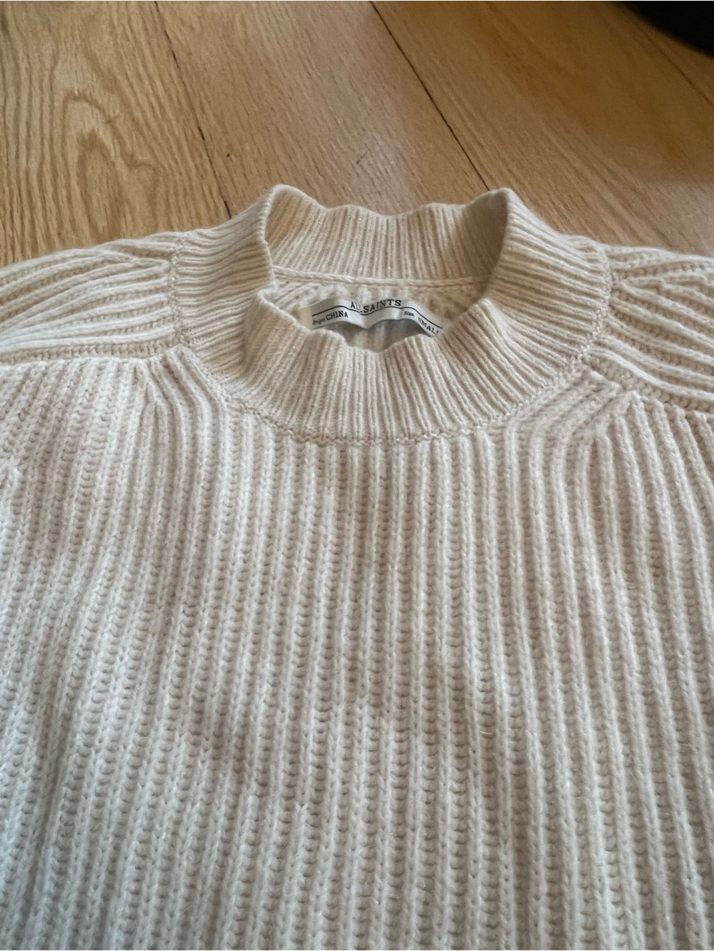 All Saints Cream Ribbed Mock Neck Sweater